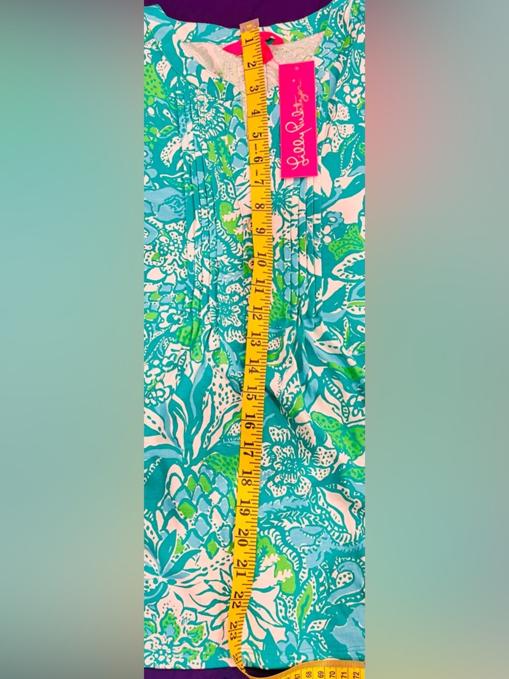 Lilly Pulitzer Teal Tropical Print Pleated Blouse Ruffle Sleeve lightweight Chic - Picture 6 of 8